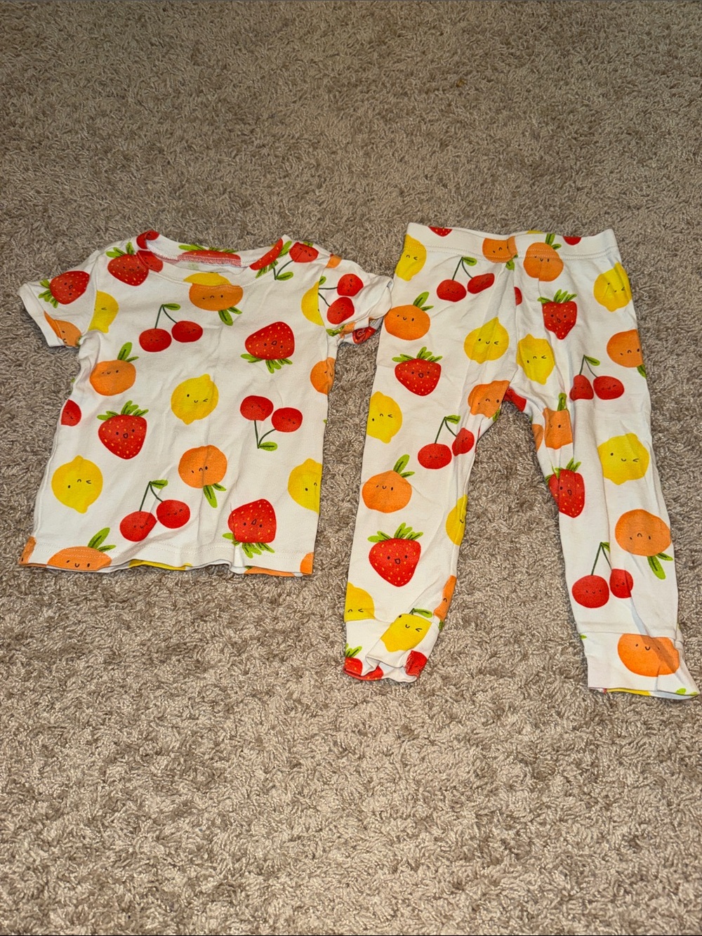 Old Navy White Kids Pajama Set with Red, Yellow & Orange Fruit Faces